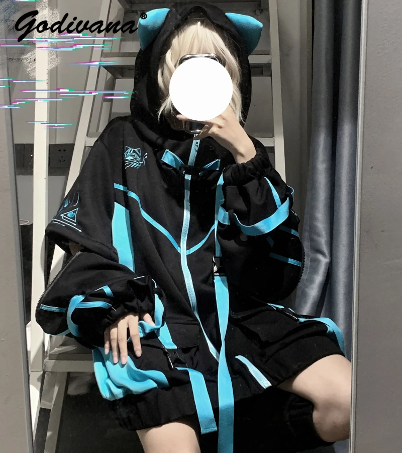 오리지널 일본 기계식 스타일 운동복 재킷, 광산 커플, 서브컬처 컬러 블록, 후드 지퍼 후드 코트, 레그 워머