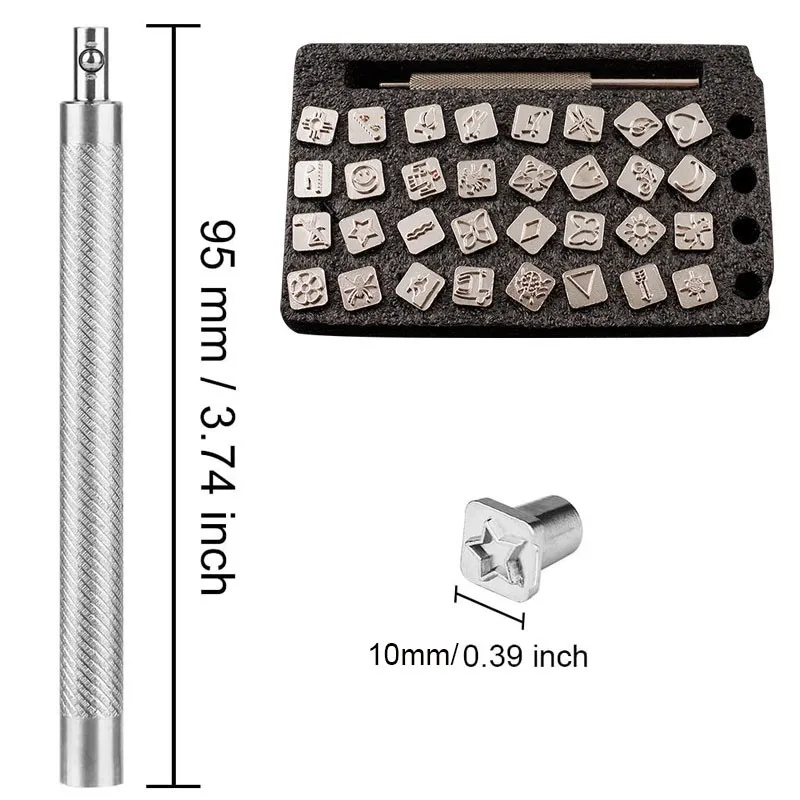 32Pcs Metal Stamping Punch Tool for Leather Patterns Stamps Tools DIY Stamping Steel Puncher Stamps Set 10*10mm