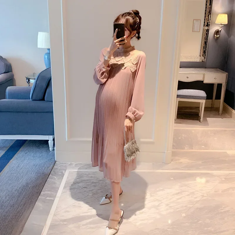 9310# Autumn Korean Fashion Pleated Chiffon Maternity Long Dress Loose Straight Clothes for Pregnant Women Pregnancy Clothing