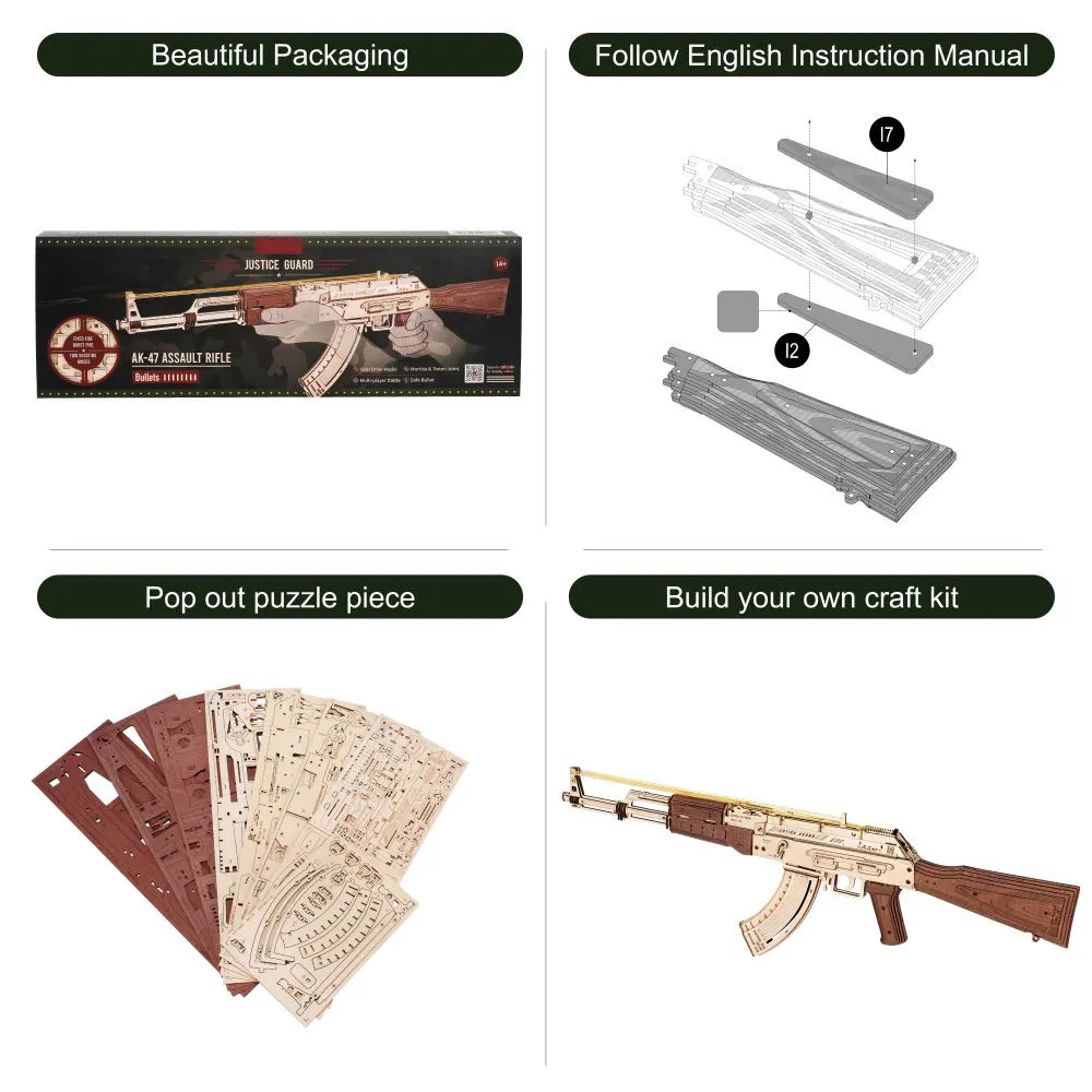 DIY Revolver,Scatter with Rubber Band Bullet Wooden Model Building Block Kit Assembly Toy Gift for Children Adult 5
