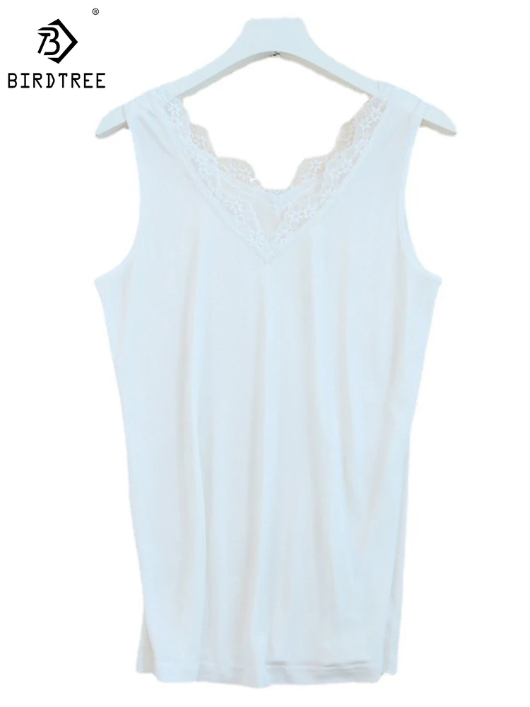 

Birdtree 23%Real Silk Camisole Women V-Neck Solid Lace Loose Elegant Comfortable Soft Skin-friendly Base Vest Summer P41204QD