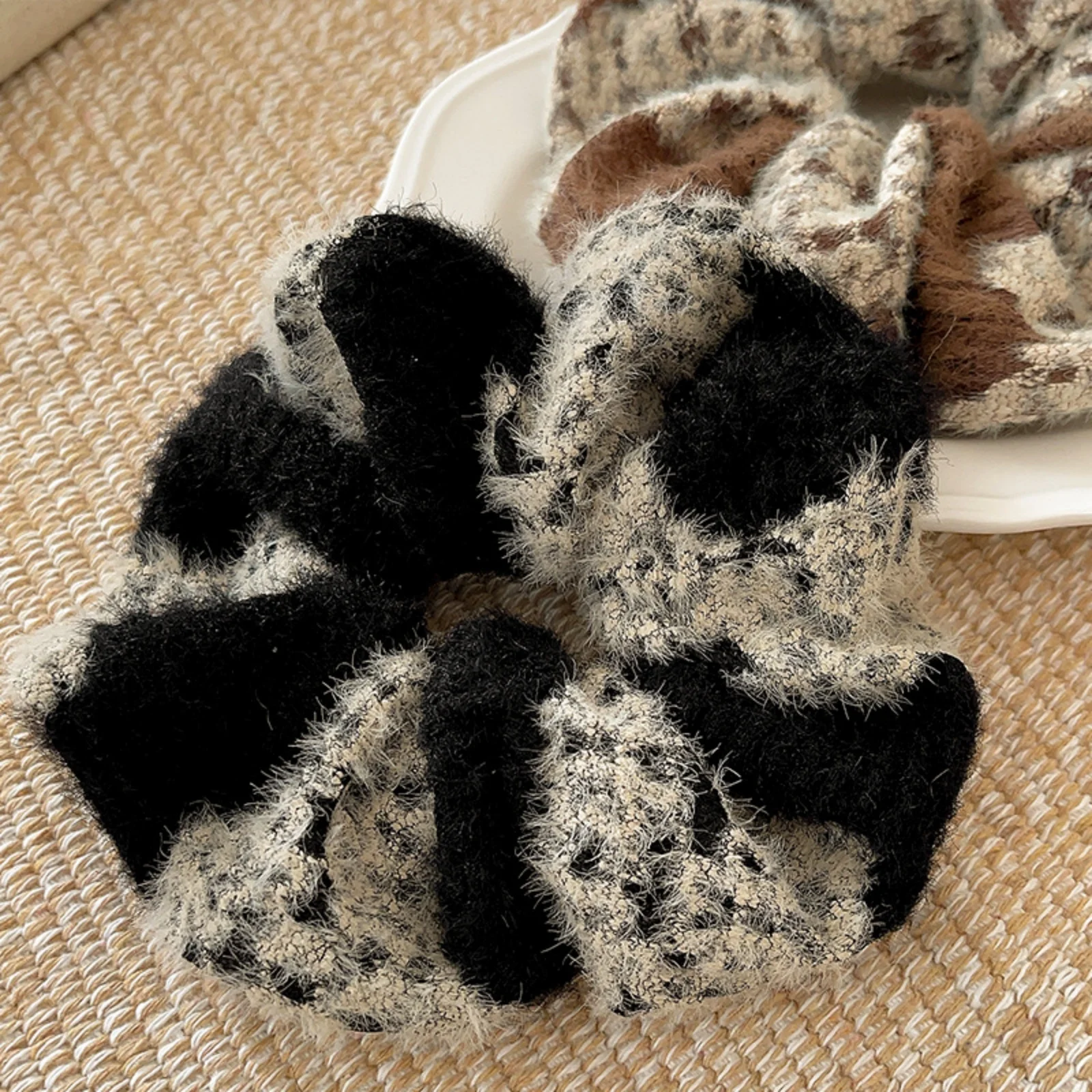 1PC Fuzzy Plaid Scrunchies,Black Brown Hair Ties, Soft Fluffy Knit Hair Accessories, Stylish Winter Hair Decor