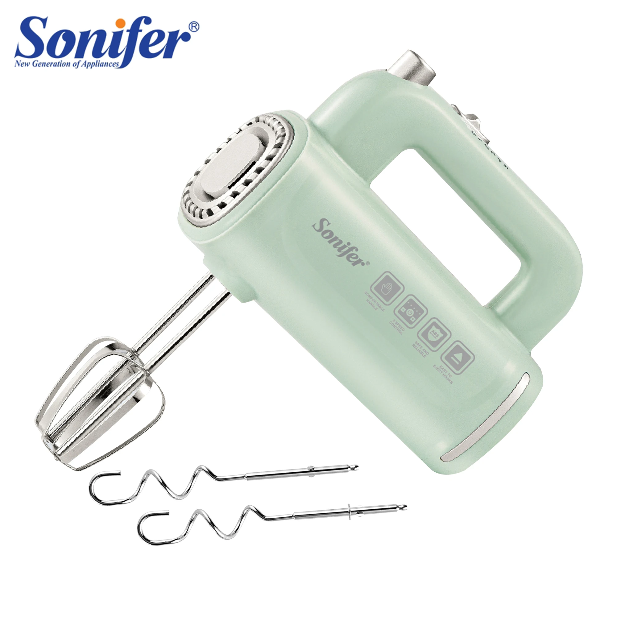 

"Sonifer Hand Mixer SF-7034 .Light green appearance, fresh color .New food grade high strength ABS materiel .5 gears sliding adj