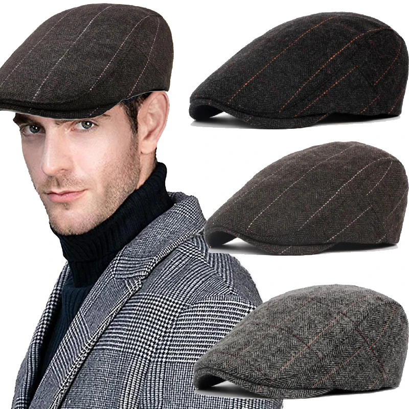 Men's Newsboy Hats Autumn Winter British Western Style Striped Berets Caps Warm Wool Advanced Flat Ivy Cap Vintage Beret for Men