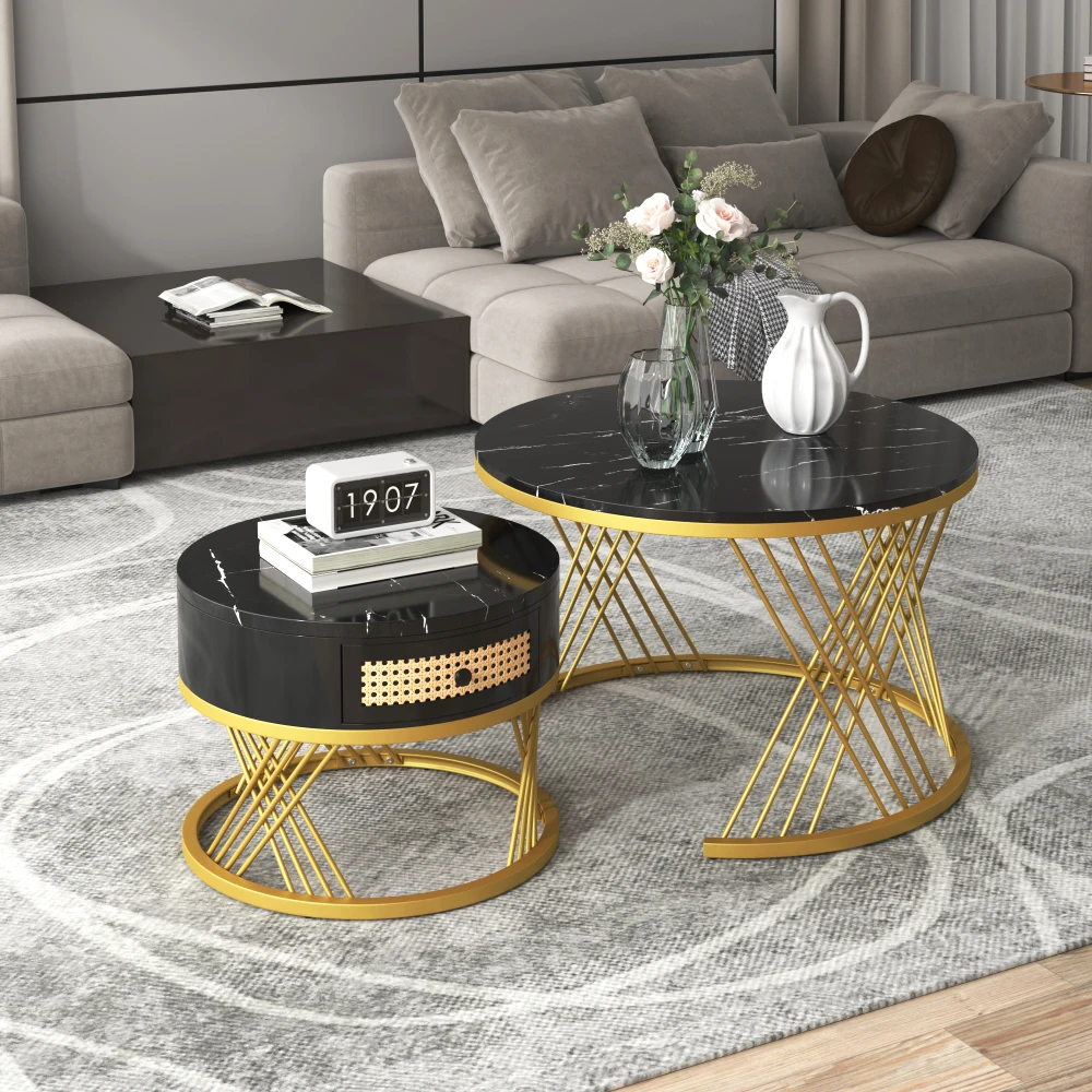2-in-1 runder Couchtisch aus MDF, Beistelltisch mit Marmor-Arbeitsplatte und Schubladen aus Kunststoff-Rattan, Massivholzgriffe – Detail 18