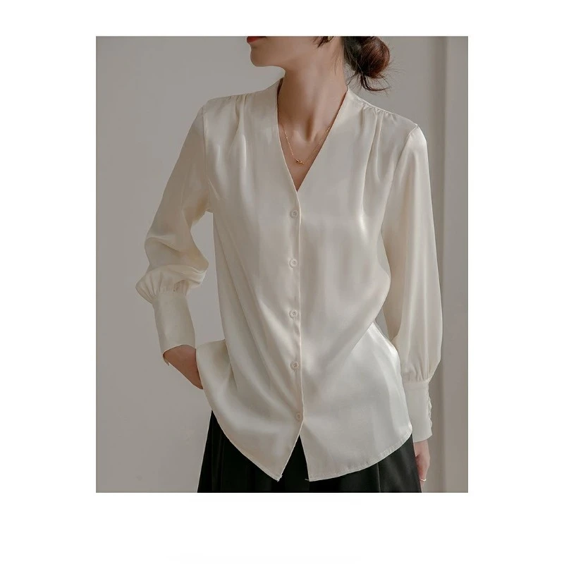 Deeptown White Satin Women's Blouse Long Sleeve V Neck Pleated Shirts Old Money Chic Female Elegant Korean Fashion Office Lady