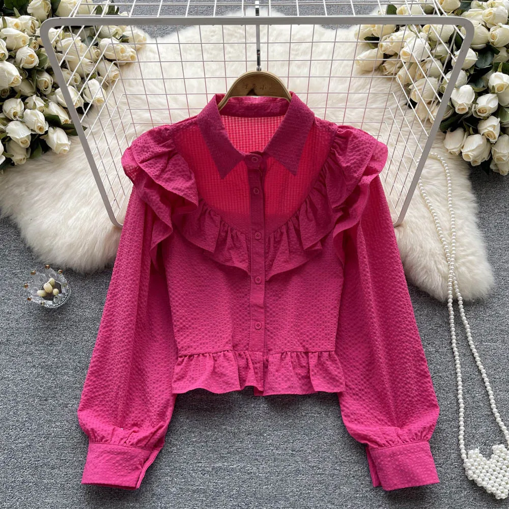 

Autumn French Sweet Design Sense Niche Lotus Leaf Lantern Sleeve Loose All-match Top