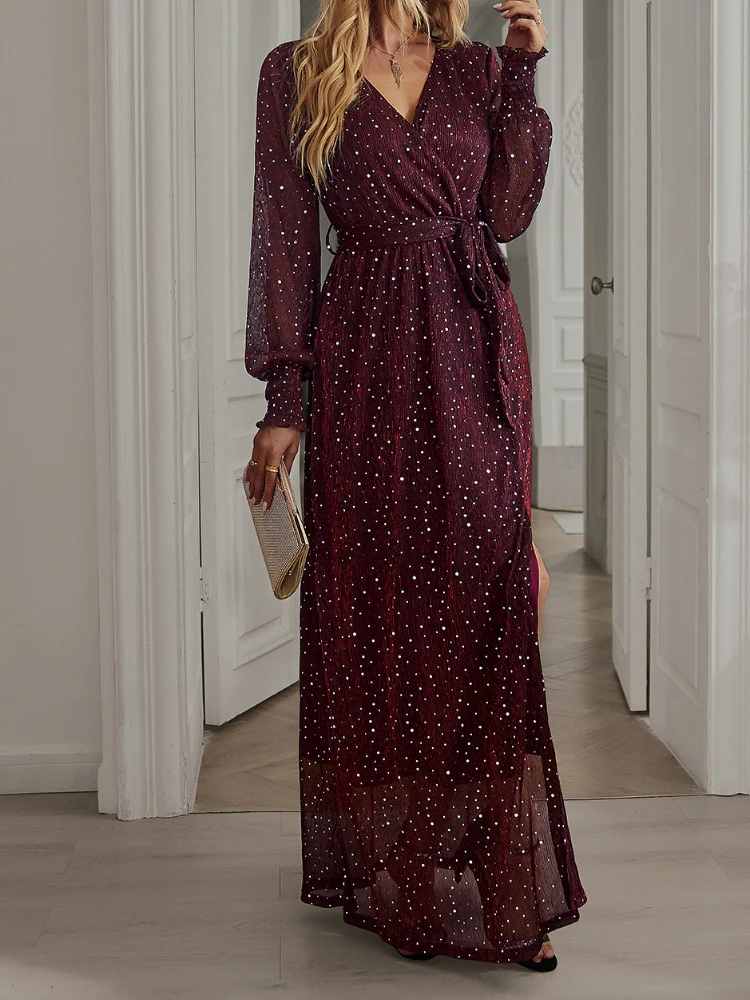 

Women's Dress Autumn/Winter New Sexy Elegent V-neck Shaping Temperament Light Long Evening Dress Party Robe Long Sleeved Dress