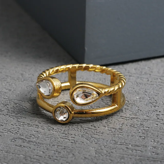 Crystal High End Non Tarnish Fashion Geometric Open Gold Plated Stainless Steel Rings for Women Wedding Ring Jewelry 2