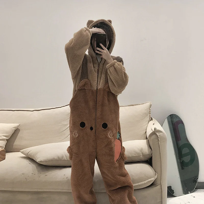 Winter Thickened Coral Velvet Nightgown Onesie Kigurumi Kawaii Brown Bear Cartoon Cosplay One-piece Pajamas Women Loungewear