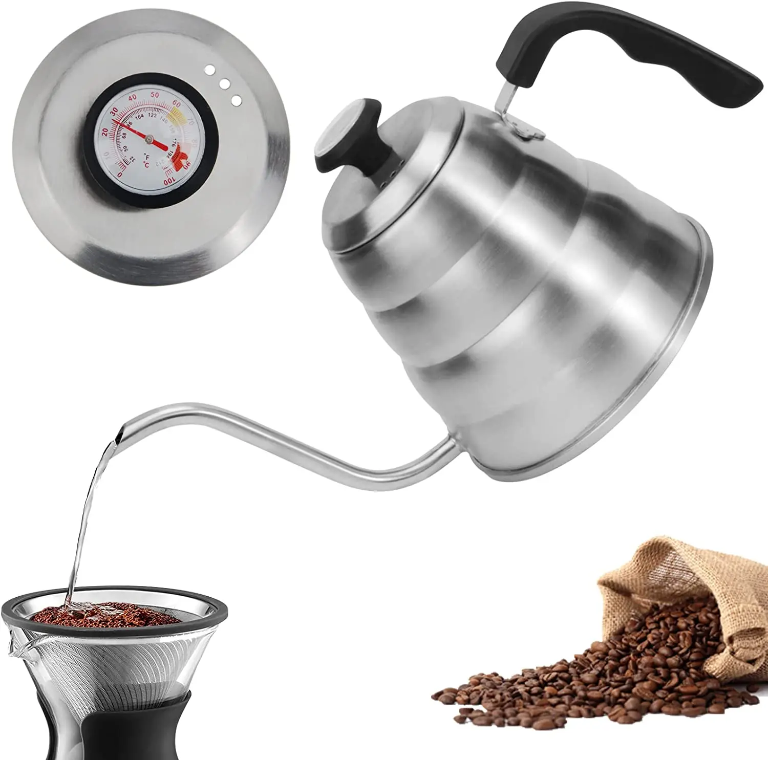 1L/1.2L Pour Over Coffee Kettle with Thermometer Stainless Steel