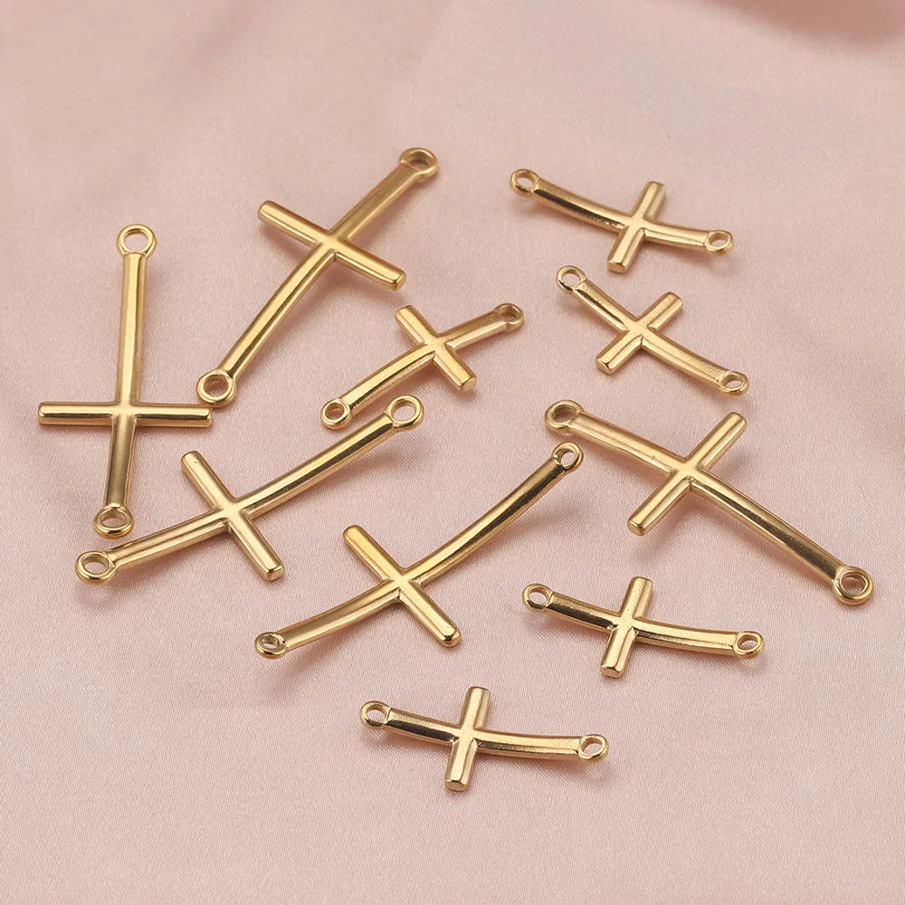 

10pcs Gold-Plate Double Hole Bending Cross Charm Stainless Steel Pendant Connector for DIY Jewelry Making Supplies Findings