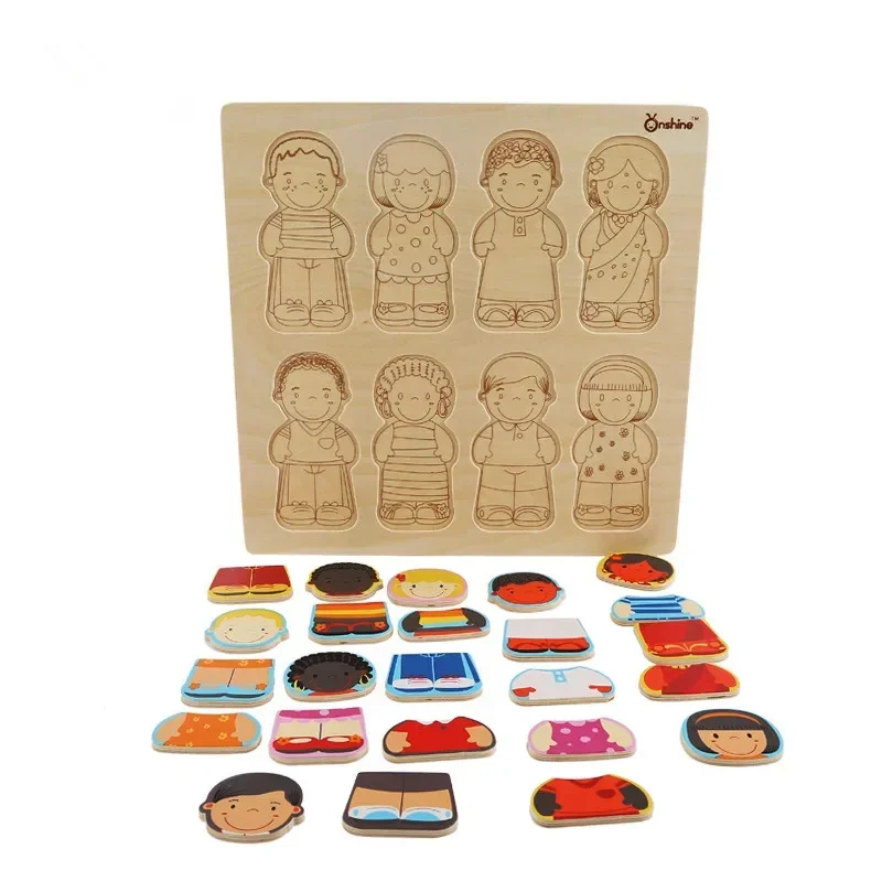 [Funny] Wooden puzzle Racial cognition Figure puzzle piece toy play house Toys kid's early education toys baby birthday gift