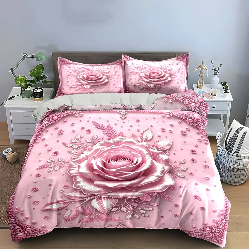 3D Pink Rose Embossed Bedding Set 3PCS Pearl Floral Print Duvet Cover with Pillowcases Luxury Romantic Style for Bedroom, Gift 3