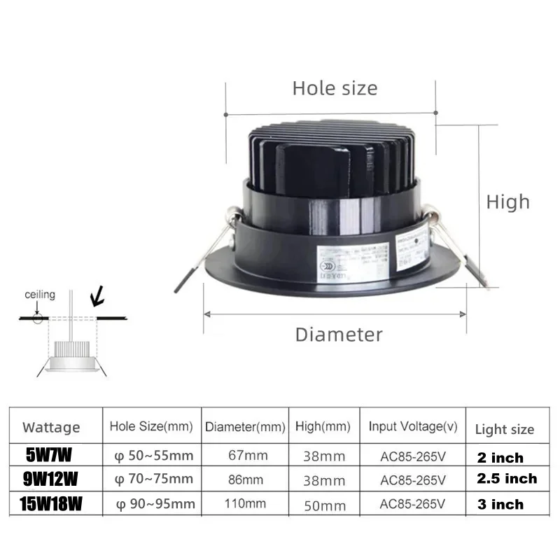 Anti-glare Led Downlight led downlight recessed ceiling spotlight Dimmable AC220V 110V Recessed Led Ceiling Light Aluminum COB CEIL LIGHT Spot lamp