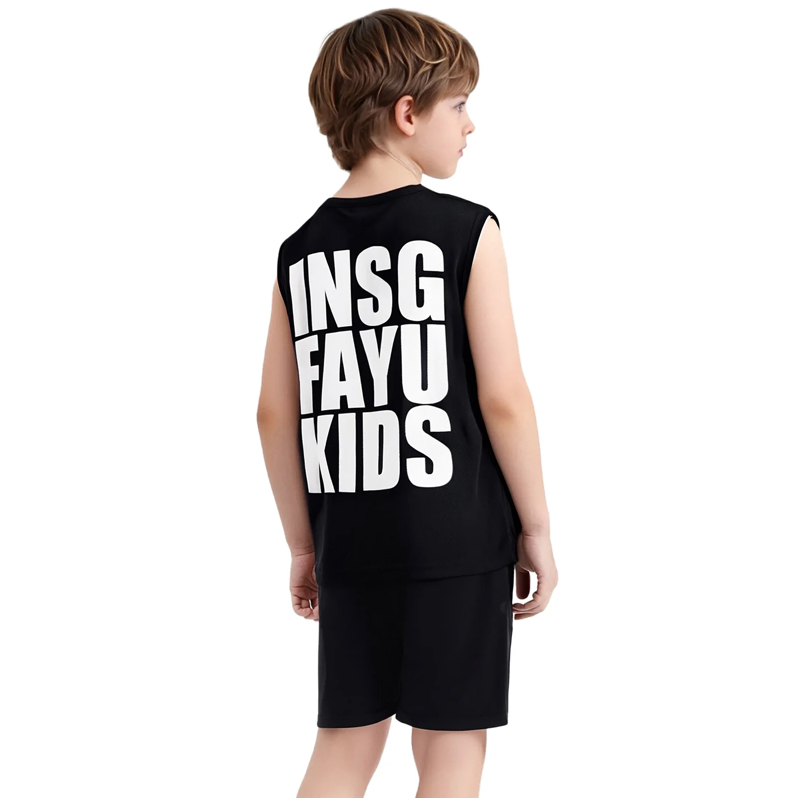 키즈 남아 통기성 속건 농구 축구 훈련 경기복 민소매 스타일리쉬 프린트 탱크탑 반바지 세트