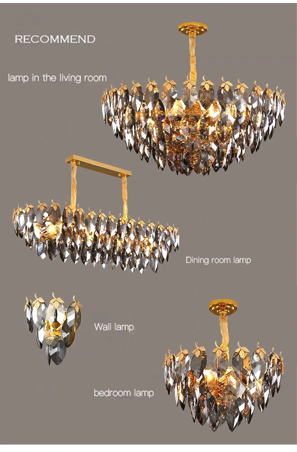 Modern Gray Crystal Leaves LED Pendant Chandelier Lights for Living Room Hanging Lamps for Ceiling Luxury Home Decoration Lustre