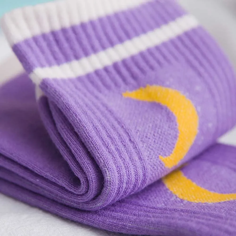 Cotton Crew Socks for Men and Women with New Moon Letters Stripes Print