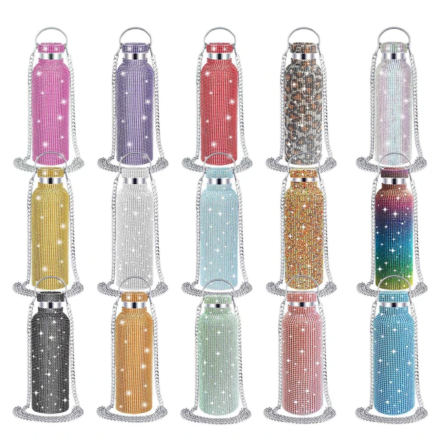 500/750/1000ml Diamond Thermos Bottle With 2pcs Chain Portable Rhinestone Water Bottle Double Wall Stainless Steel Thermal Flask 2