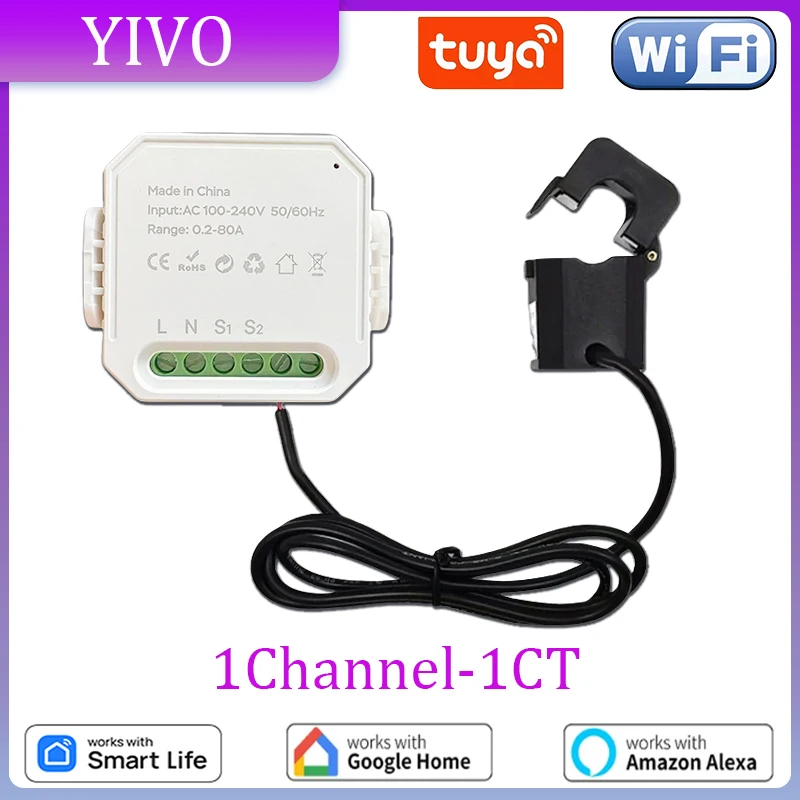 Tuya Smart WiFi Energy Meter 1Channel with Current Transformer Clamp App Monitor Power 80A 100V/240V 50/60Hz energy meter power meter