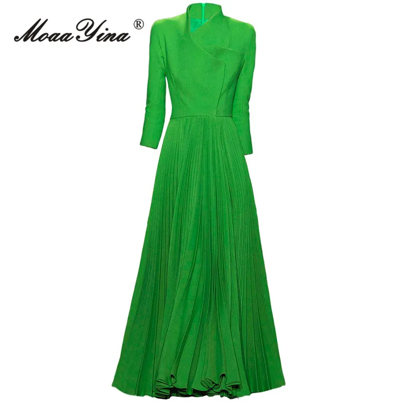 

MoaaYina осеннее модное дизайнерское зеленое винтажное вечерние платье для женщин со стоячим воротником на пуговицах с высокой талией облегающее ТРАПЕЦИЕВИДНОЕ Плиссированное длинное платье