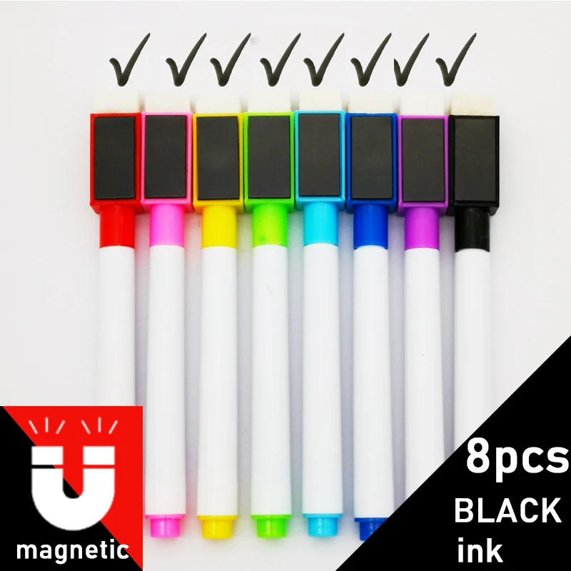 8Pcs/lot Colorful Black School Classroom Supplies Magnetic Whiteboard Pen Markers Dry Eraser Pages Children Drawing marker pens