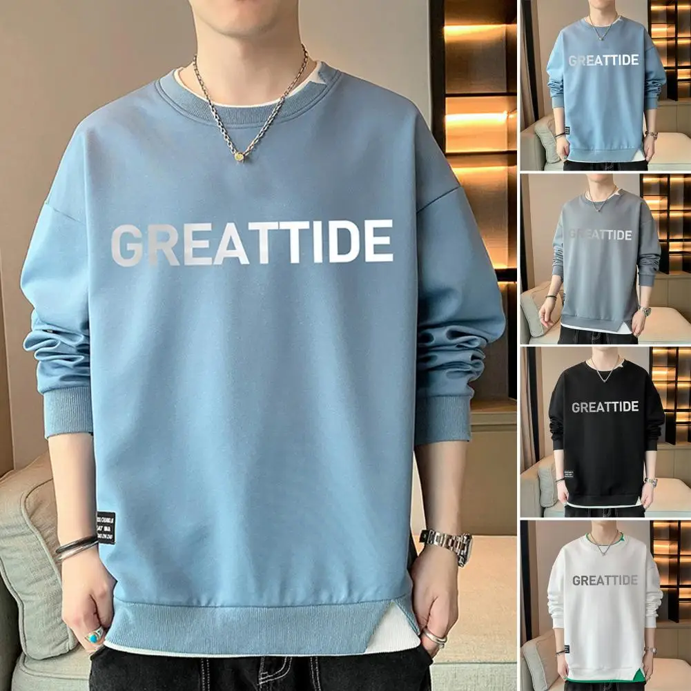 

Men Loose Sweatshirt Men's Letter Print Fake Two-piece Sweatshirt with Elastic Cuff Hem for Fall Winter Casual Wear Round Neck