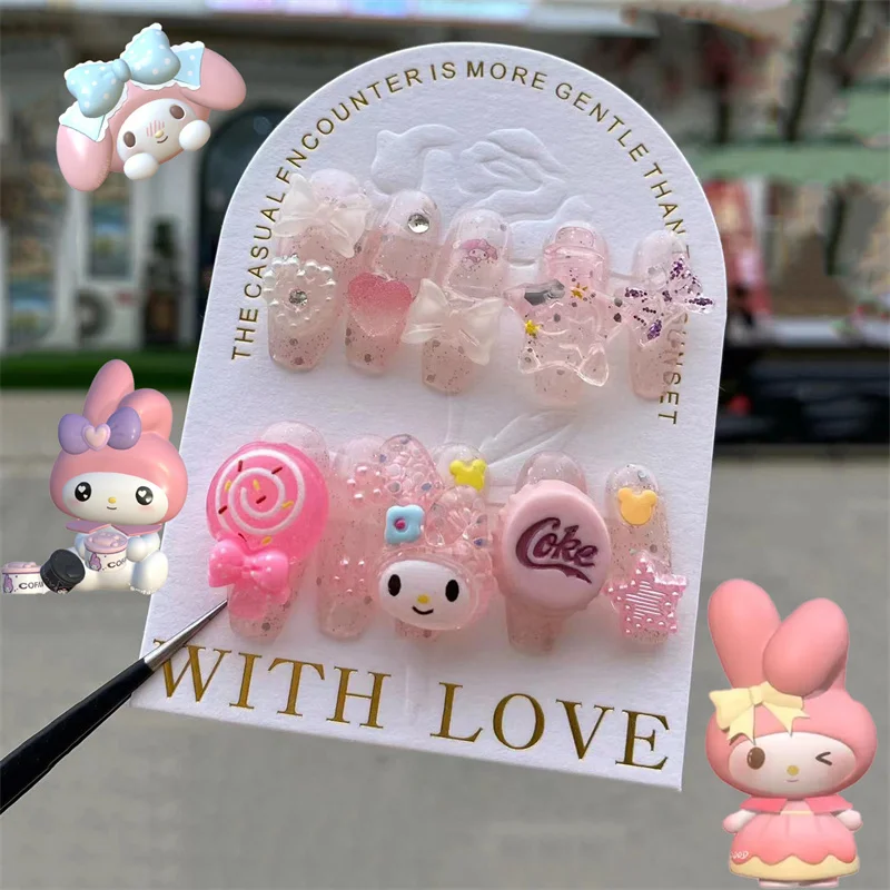 

Sanrio Mymelody Cute Sweet Long Square Nail Summer Dream Star Lollipop Ornament Fashion Y2K Purely Handmade Press-On Nails