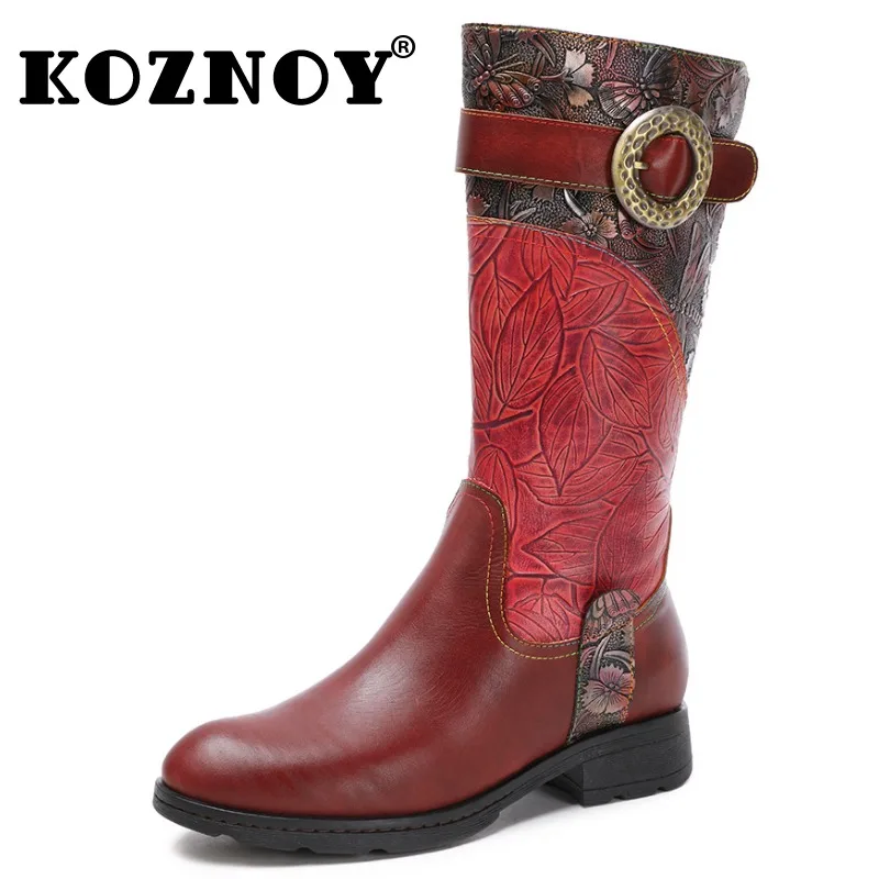 

Koznoy 3cm Microfiber Cow Genuine Leather Chimney Spring Fashion Knee High Ankle Boots Women Autumn Winter Plush Embossed Shoes
