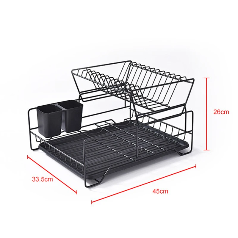 Double Rows Stainless Steel Dishes Drying Rack with Drain Board