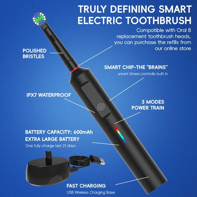 Smart Wireless Charging Rotating Electric Toothbrush, 3 Modes Rechargeable Rotation Toothbrush Compatible with Oral B Brush Head 2
