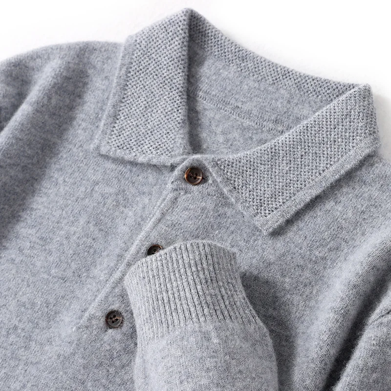 Men's 100%  Wool Sweater Winter New Lapel Long Sleeved POLO Dweater Loose Solid Color Sweater Casual Knit Bottom Top