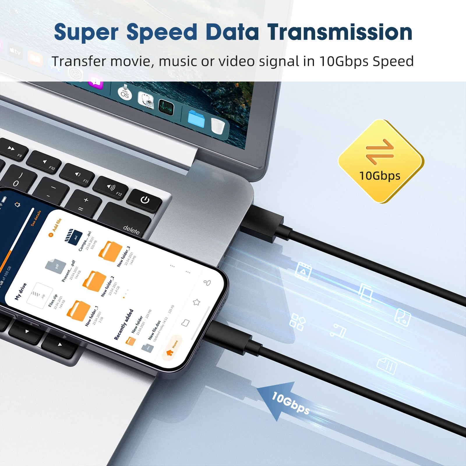 PVC USB3.2 데이터 케이블 10Gbps 고속 하드 드라이브 전송 케이블 회전식 유형-c 충전 케이블 3A60w 고속 충전 케이블