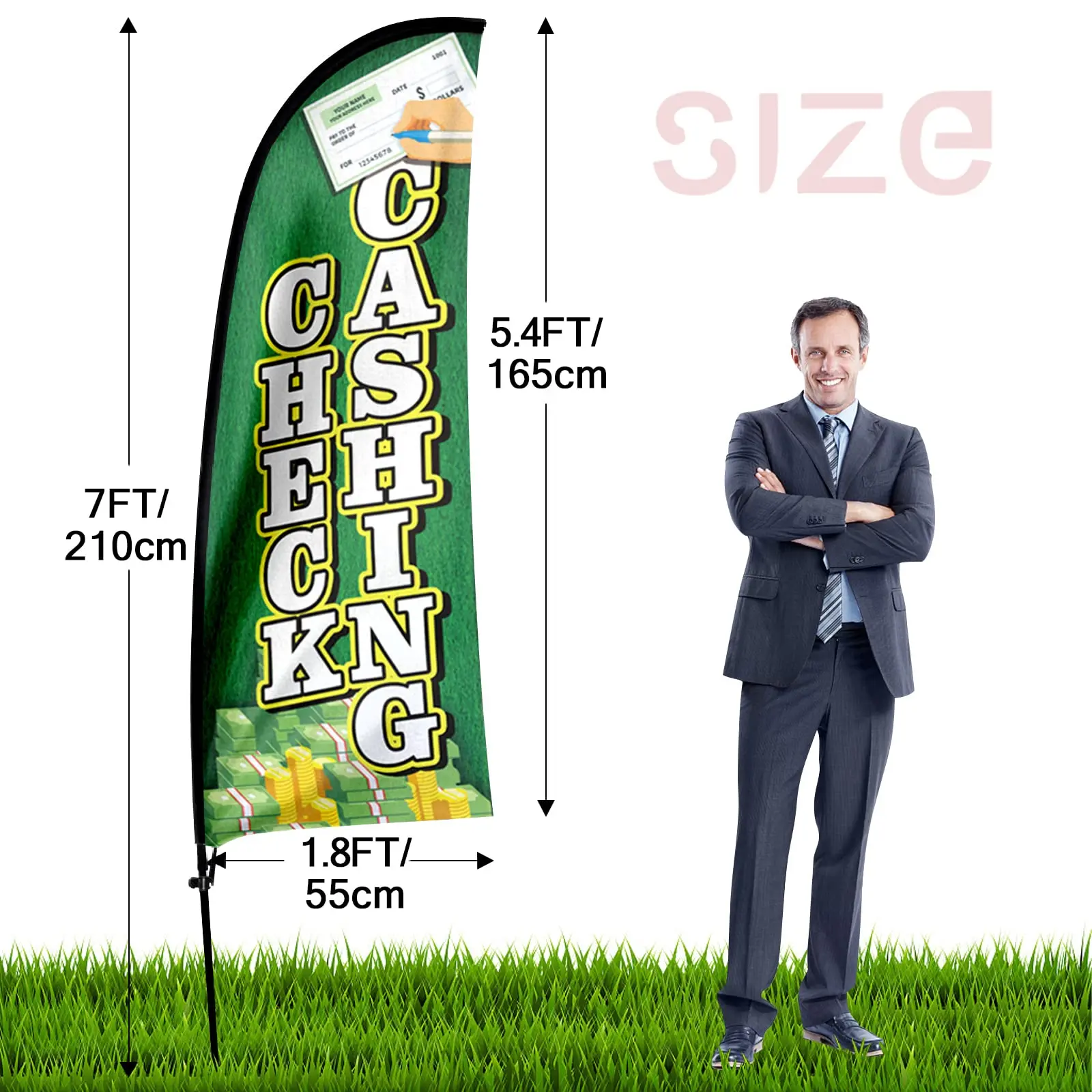 Fsflag Check Cashing Swooper Flag,7Ft Check Cashing Advertising Feather Flag Con Pole Kit, Ground Spike, Check Cashing Signs