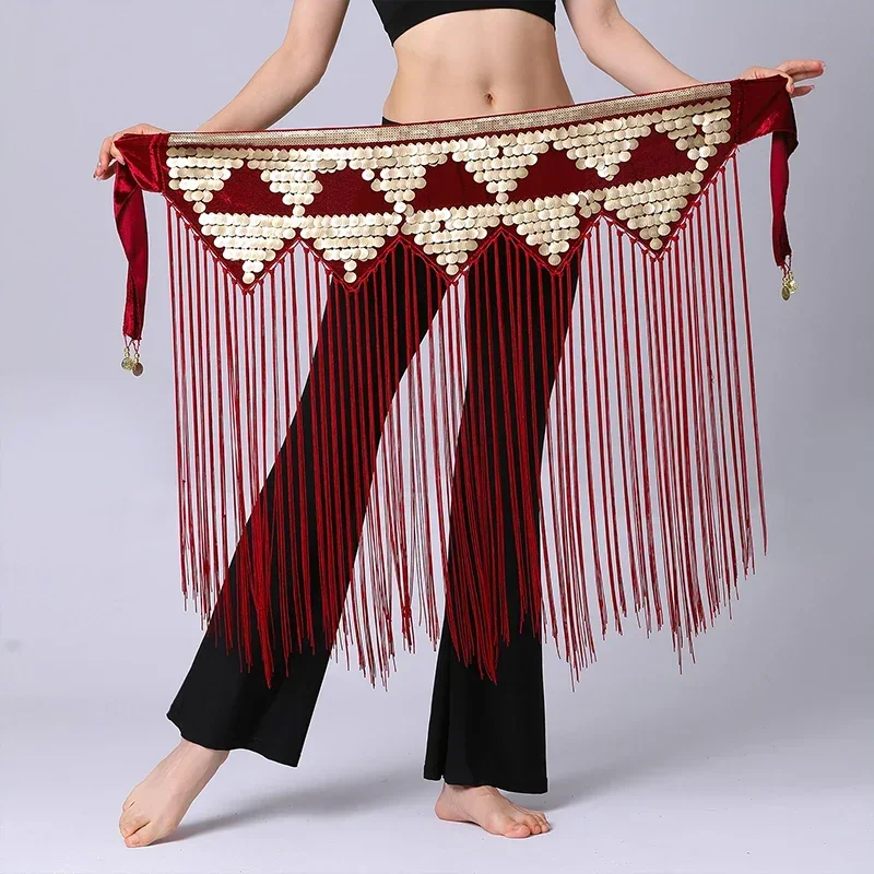 

New Belly Dance Hip Scarf Triangle Mesh Diamond Hip Towel Multi Layer Tassel Beaded Waist Chain Group Versatile Practice