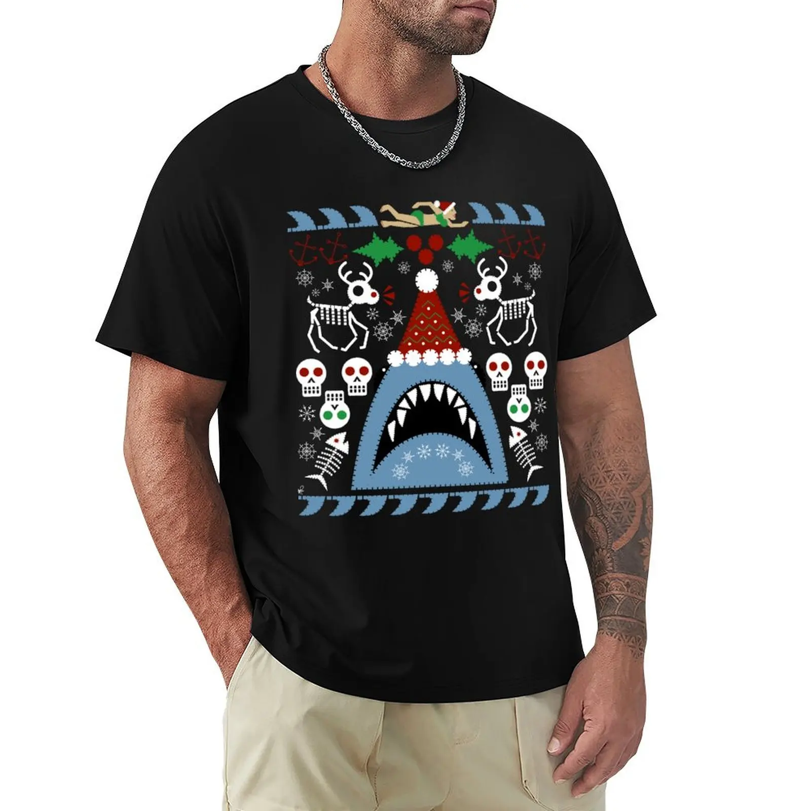 

Santa Jaws Ugly Sweater T-shirt Short sleeve tee Blouse animal prinfor boys vintage men t shirt