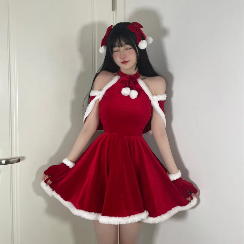 

Autumn Winter Sweet Christmas Red Plush Dress Suit Women Sexy Party Mini Dress Female Kawaii New Year 4 Piece Set Cute Home Wear
