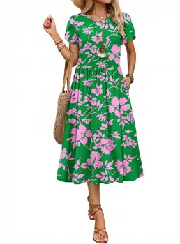 Women Summer Short Sleeve Midi Dress With Pockets Casual A-Line Flowy Floral Vacation Beach Sundress
