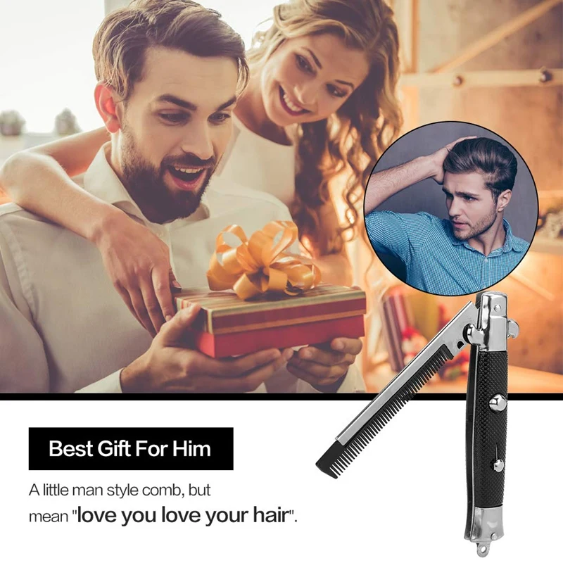 Stainless Steel Hair Folding Beard Comb Hairstyling Tools Switch Combo Pocket Long Round Handle Hair Comb 2