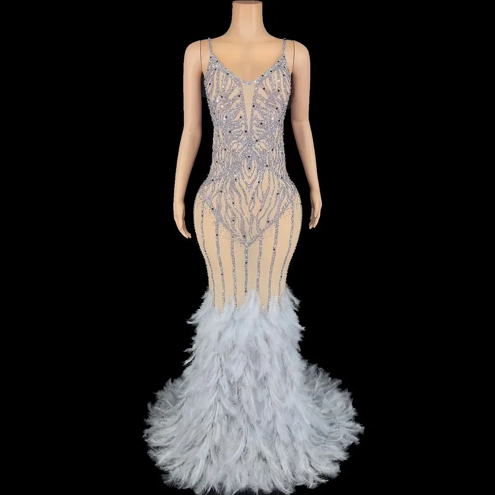

Sparkly Rhinestones Feathers Long Dress Sexy Celebriate Birthday Evening Prom Dress Photography Wear Stage Performance Costume
