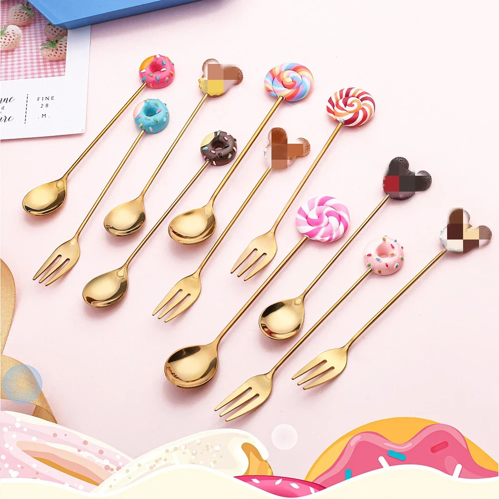 Stainless Steel Spoon Fork Cute Version Rainbow Lollipop Donut Macaron Dessert Spoons Fruit Forks Kids Set Kitchen Accessories stainless steel spoons stainless steel spoons forks stainless steel forks