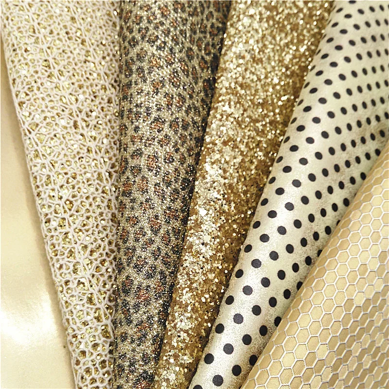 Gold Glitter Leather Sheets Dots Leopard Synthetic Leather Smooth Vinyl Lace Glitter Honey Comb Faux Leather Fabric W349