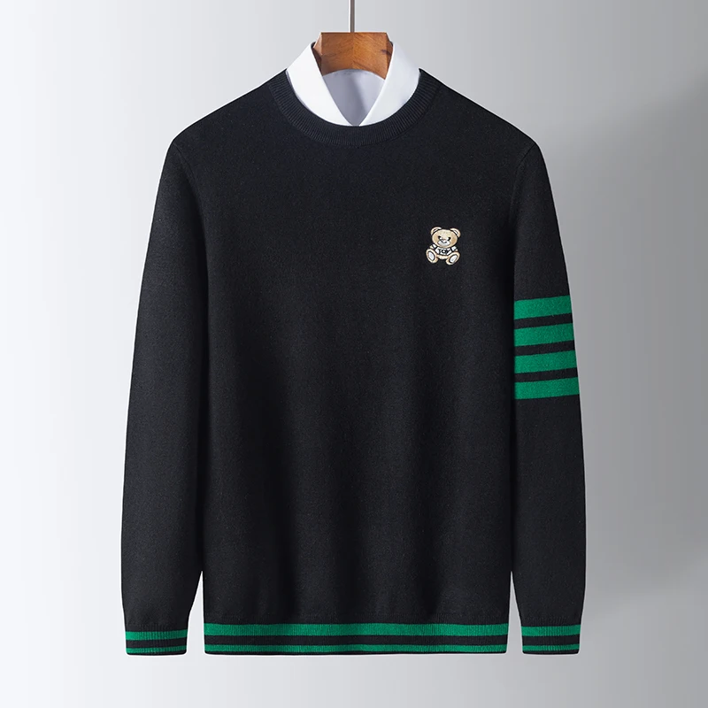 

High Quality Men's Knitted Pullover Autumn/Winter O-Neck Bear Embroidered Stripe Warm Sweater Korea Fashion Casual Men Clothing