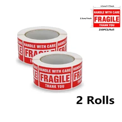 Handle with Care Fragile Warning Labels - 250 Permanent Stickers, 1 - Inch Rolls (2Rolls - Fragile)