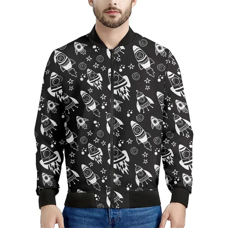 thumbnail image 1 of Chaqueta con estampado de cohetes de dibujos animados para hombres y mujeres, abrigo con estampado 3D brillante, chaqueta informal de gran tamaño estilo Harajuku con cremallera para niños, mangas larg, 1 of 4