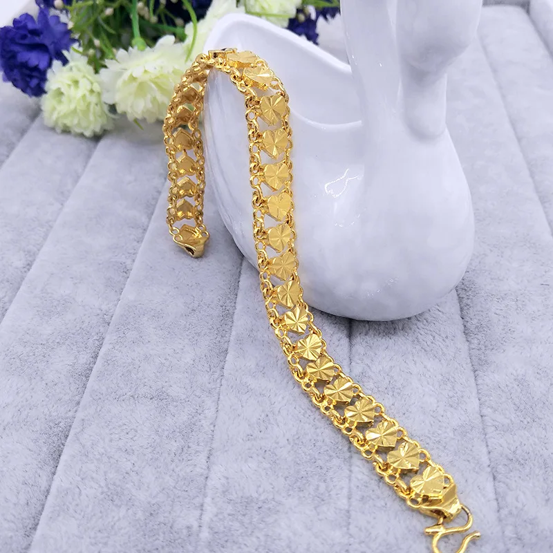 Wholesale Pure gold Color 4MM Flower Heart Bracelet 19CM for Women Girls  Fashion 24k Gold Filled Ladies Wedding Jewelry - AliExpress