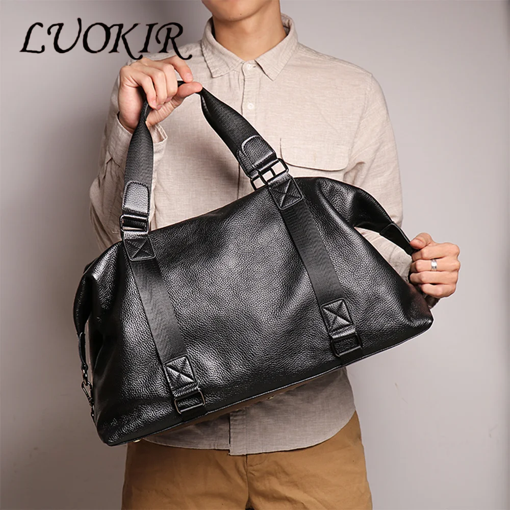 LUOKIR New Men's Leather Travel Bag, Shoulder Crossbody Luggage for Short Business Trips, Large Capacity Genuine Leather Gym Bag