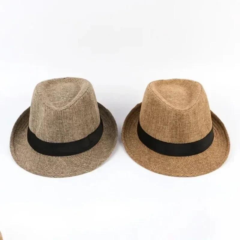 Versatile Casual Sunshade Four Seasons Hats Gifts Men's Fashion Top Hat Cotton Linen Solid Jazz Hat Men's English Gentleman Hat
