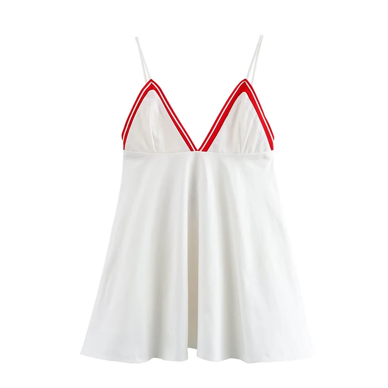 YENKYE Fashion Contrasting Striped Ribbed Trim White Short Dress Women Sexy Spaghetti V Neck A-line Mini Summer Dresses New 2025 2