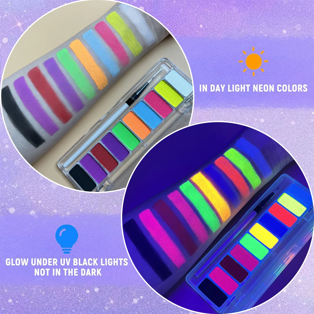 UV Luminated Black Light Body Paint Set with Brush,10 Colors Water-Soluble Paste Fluorescent Neon Oil Face Body Art Paint Makeup 4